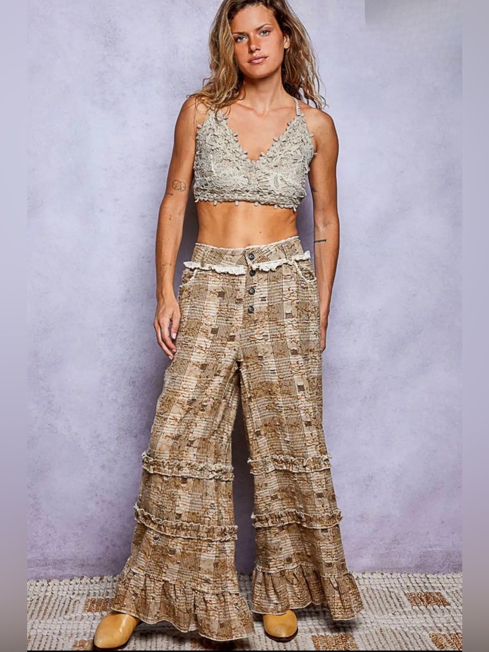 NWT POL Vintage Distressed Plaid Ruffle High Rise Wide-Leg Pants